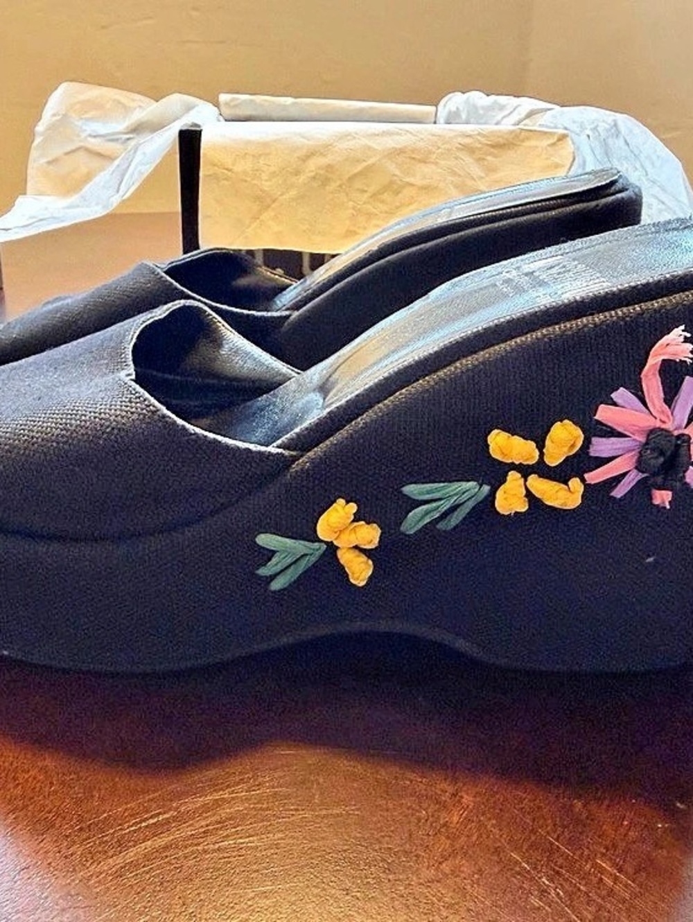 Vintage Moschino Cheap and Chic Black Embroidered Floral Wedge Mule Sandals Size